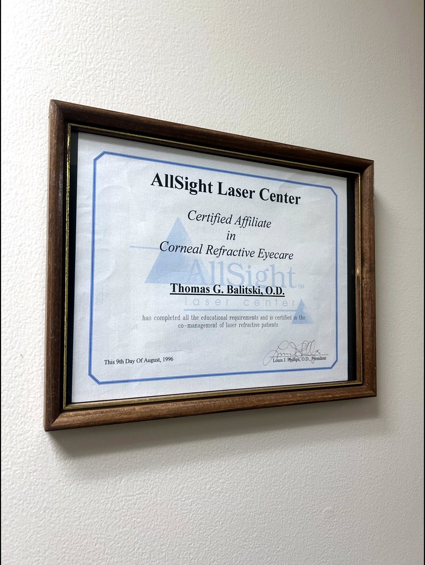 Professional eye care credential displayed at Balitski Vision